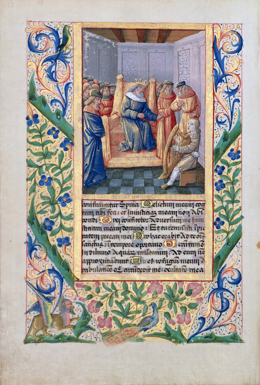 Ms Lat. Q.v.I.126 f.54v Saul lyssnar på David spela harpa, från 