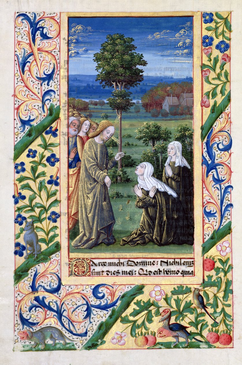 Ms Lat. Q.v.I.126 f.69v Marta och Maria berättar för Jesus om Lasarus död, från 