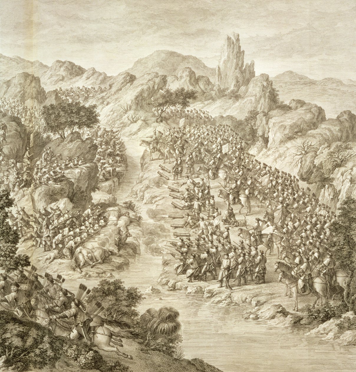 Det första slaget mellan den kinesiska armén och eleuthernas armé 1759, detalj av striderna över floden, platta 10 från en serie tryck som föreställer Qianlongs, kejsarens, erövringar. av Jean Damascene