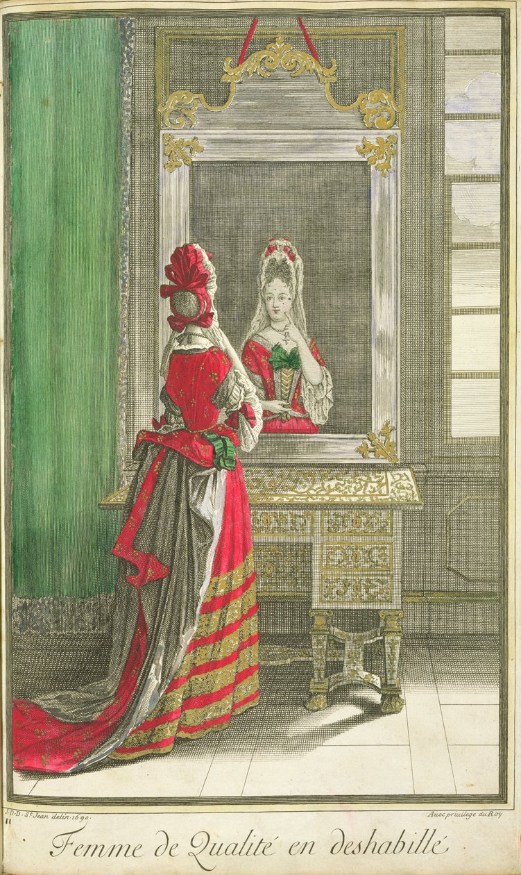 Dam som tittar i spegeln, publicerad c.1688-90 av Jean Dieu de Saint Jean