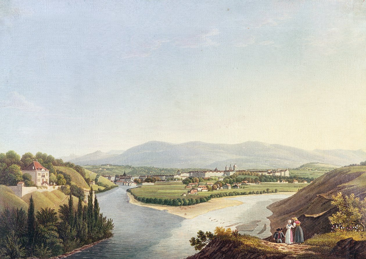 Utsikt över Genève från sammanflödet av Rhône och Arve, graverad av Friedrich Salathe (1793-1860) av Jean Dubois