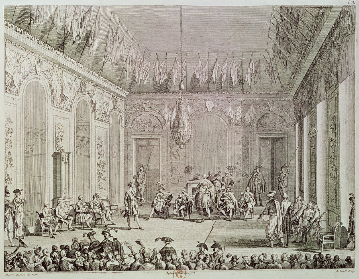 The Formal Audience of the Directory, 30th Brumaire An IV (20 november 1795) graverad av Pierre Gabriel Berthault (1748-1819) av Jean Duplessi Bertaux