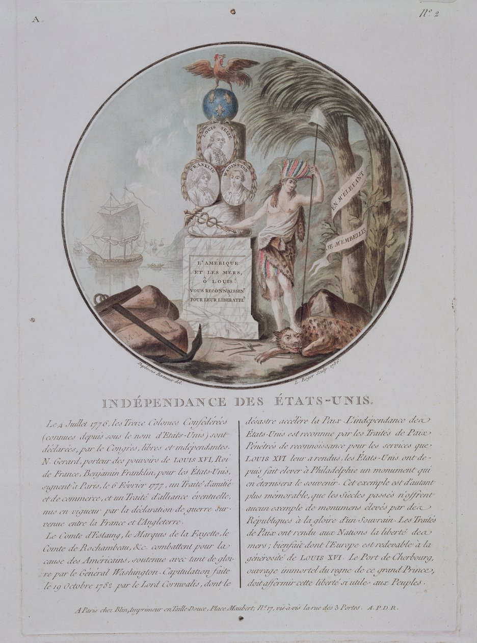 Independence of the United States, graverad av L. Roger, 1786 (färgad litho) av Jean Duplessis Bertaux