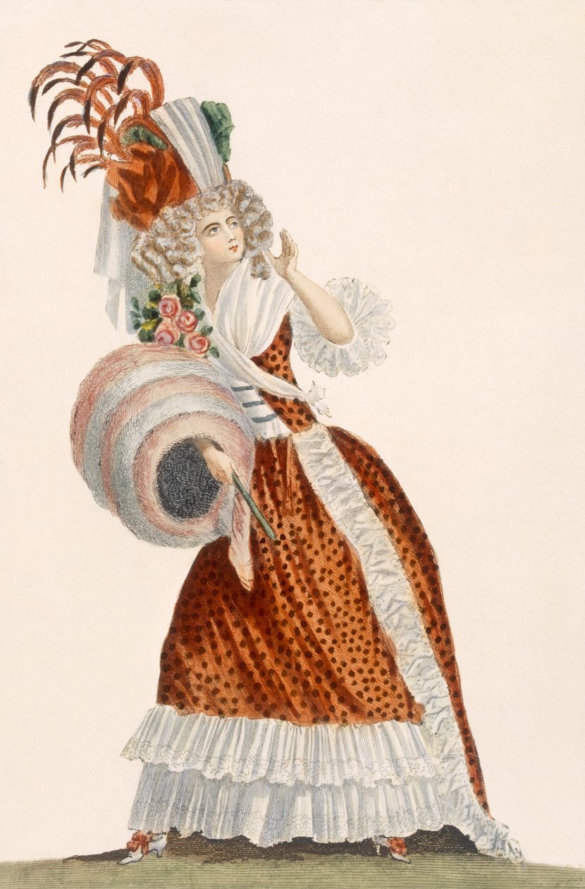 Tres Grande Parue, platta från "Galeries des Modes et Costumes Francais", ca 1778-87 99:kläder; traditionell klädsel; traditionell dräkt; mode; illustration; 1800-tal; fashionabelt; av Jean Florent Defraine