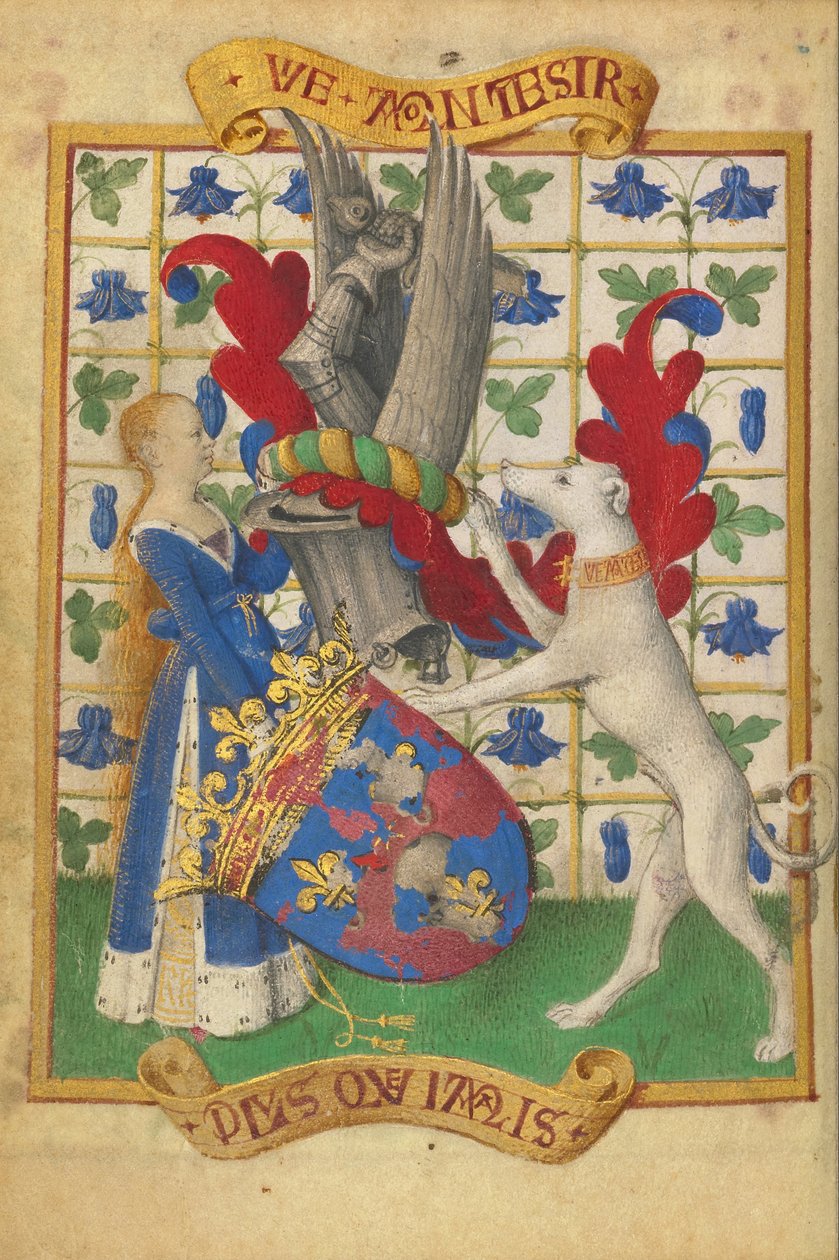 Vapensköld som hålls av en kvinna och en vinthund av Jean Fouquet