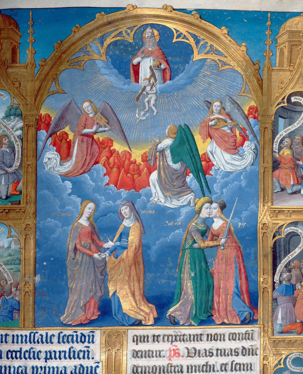 Ms 412 Treenigheten omgiven av tre änglar och under dem personifieringar av barmhärtighet och sanning och rättfärdighet som omfamnar fred (Psalm 85), c1475 (detaljer om 341972) av Jean Fouquet