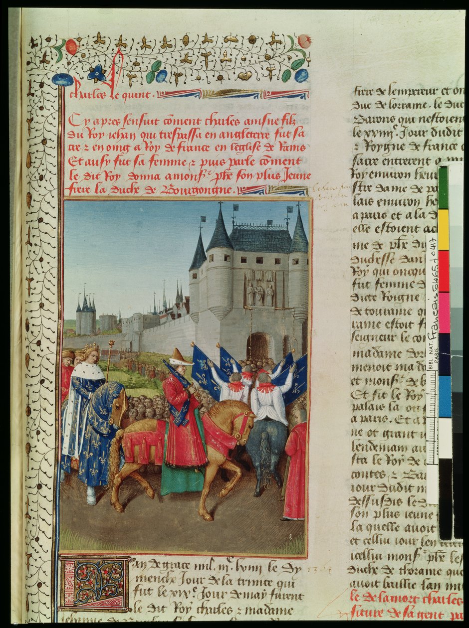 Ms 6465 f.417 The Arrival of Charles V (1337-80) in Paris, 28th maj 1364, c.1460 av Jean Fouquet