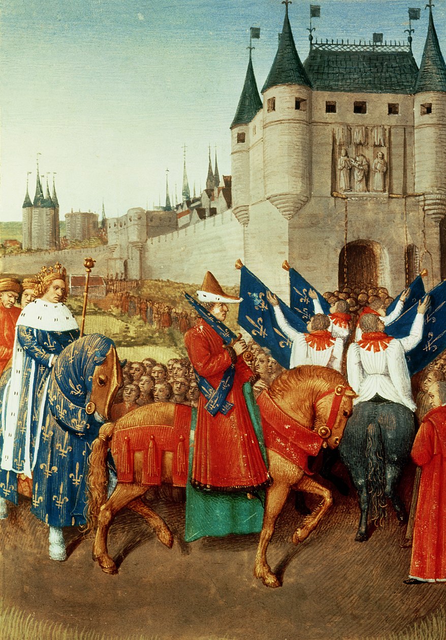 Ms 6465 f.417 Karl V:s (1337-80) ankomst till Paris den 28 maj 1364, ca 1460 av Jean Fouquet