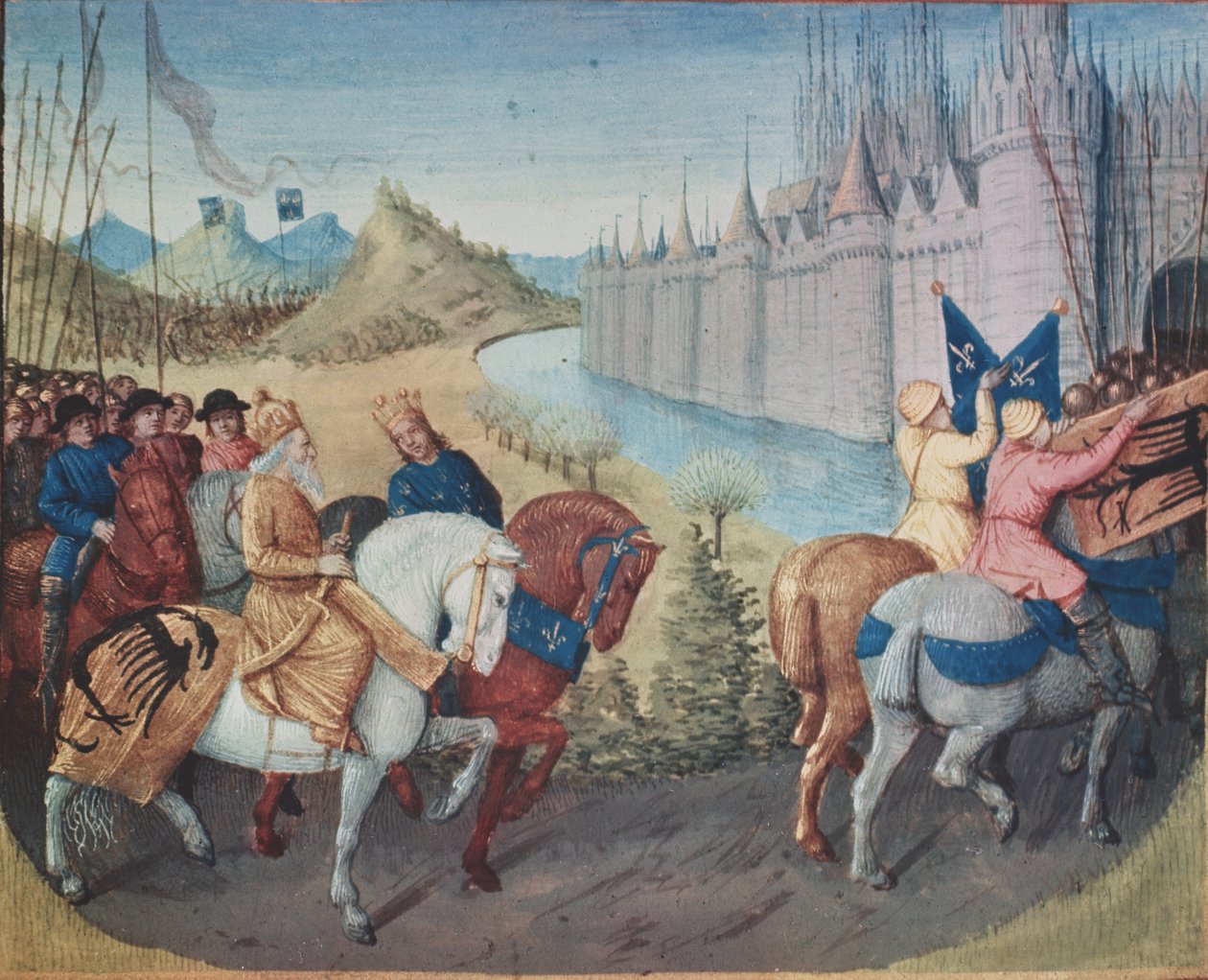 Fr. 6465 fol.202 Ludvig VII:s (ca 1120-80) kung av Frankrike och Konrad III (1093-1152) Tysklands kung inträde i Konstantinopel under korstågen, 1147-49 (se även 38992) av Jean Fouquet