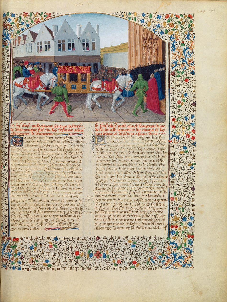 Ms Fr 6465 fol.442 Ankomst av kejsar Karl IV (1316-78) till basilikan Saint-Denis, från Grandes Chroniques de France, ca 1460 (se även 192993) av Jean Fouquet