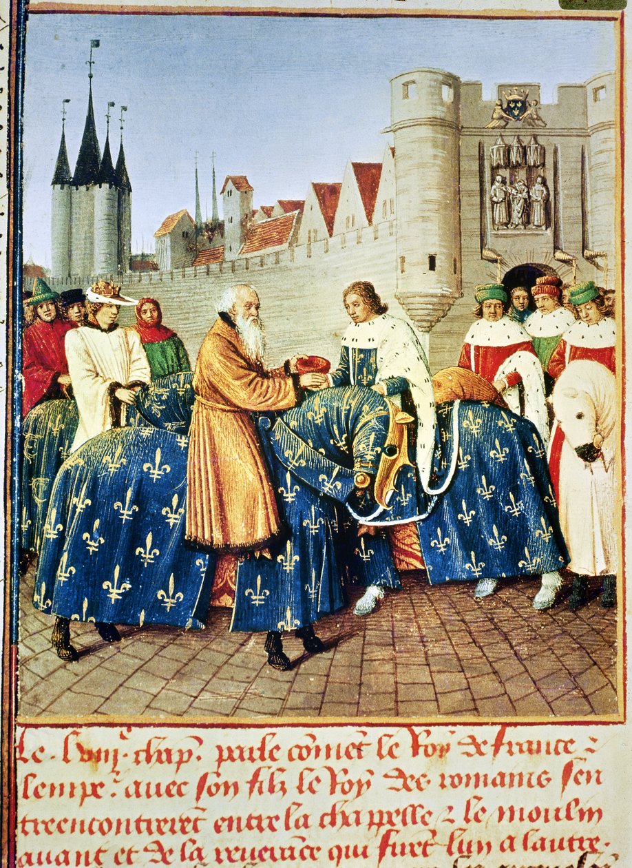Fr 6465 fol. 444 Charles V (1338-80) tar emot kejsar Karl IV (1316-78) vid Porte du Temple i Paris, januari 1378, från 