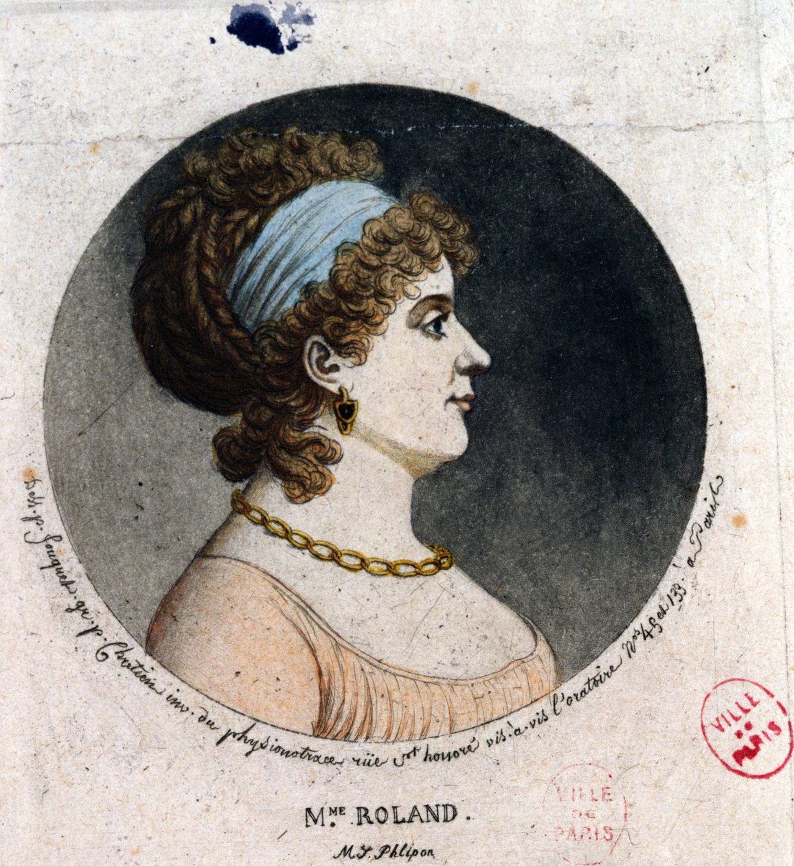 Porträtt av Madame Roland (1754-93) gjord med physionotrace-metoden (färggravyr) av Jean Fouquet