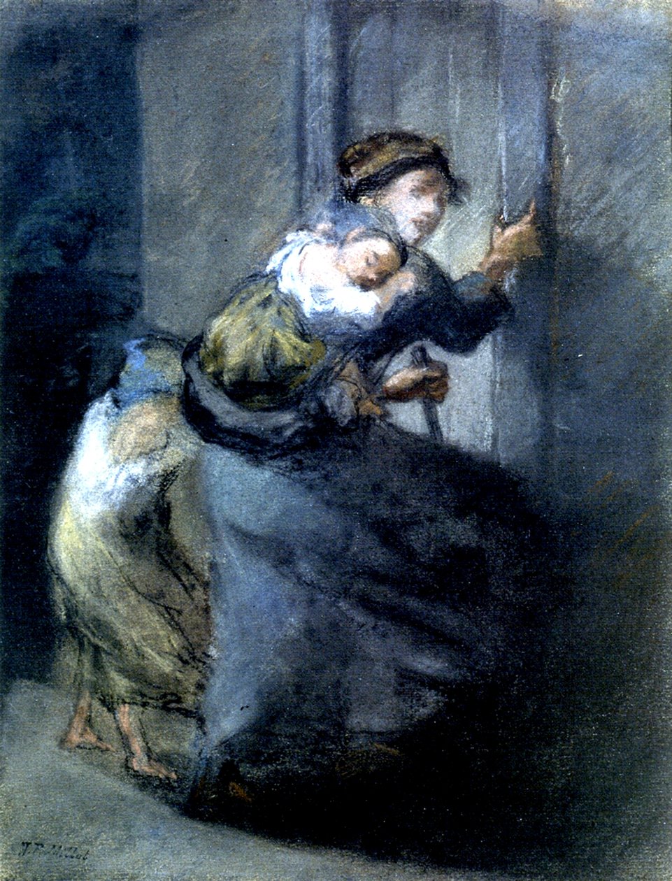 En mamma som flyr med två barn (pastell på papper) av Jean Francois I Millet