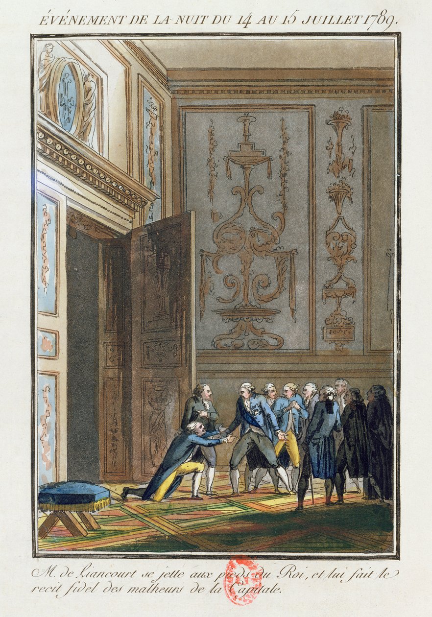 Monsieur de Liancourt (1747-1827) berättar för Ludvig XVI (1754-93) i Versailles om händelserna i Paris den 14 juli 1789 av Jean Francois Janinet