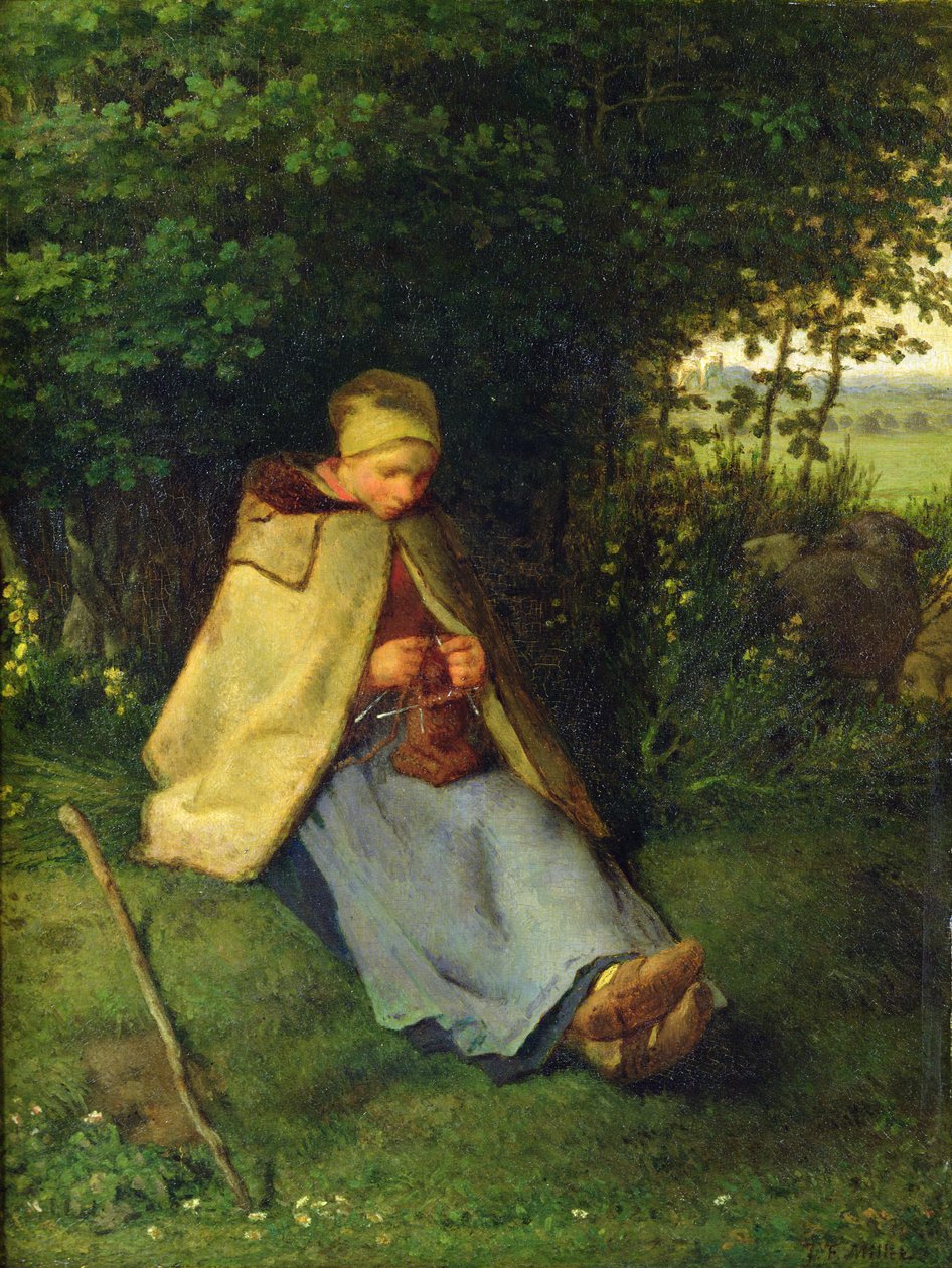 En stickare eller en sittande herdinna stickning, 1858-60 av Jean Francois Millet