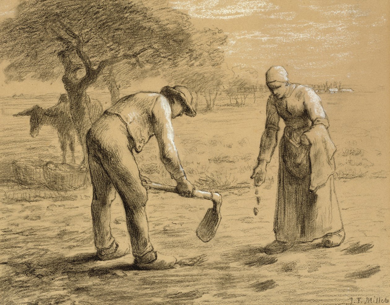 Bönder som planterar potatis (penna och krita på papper) av Jean Francois Millet