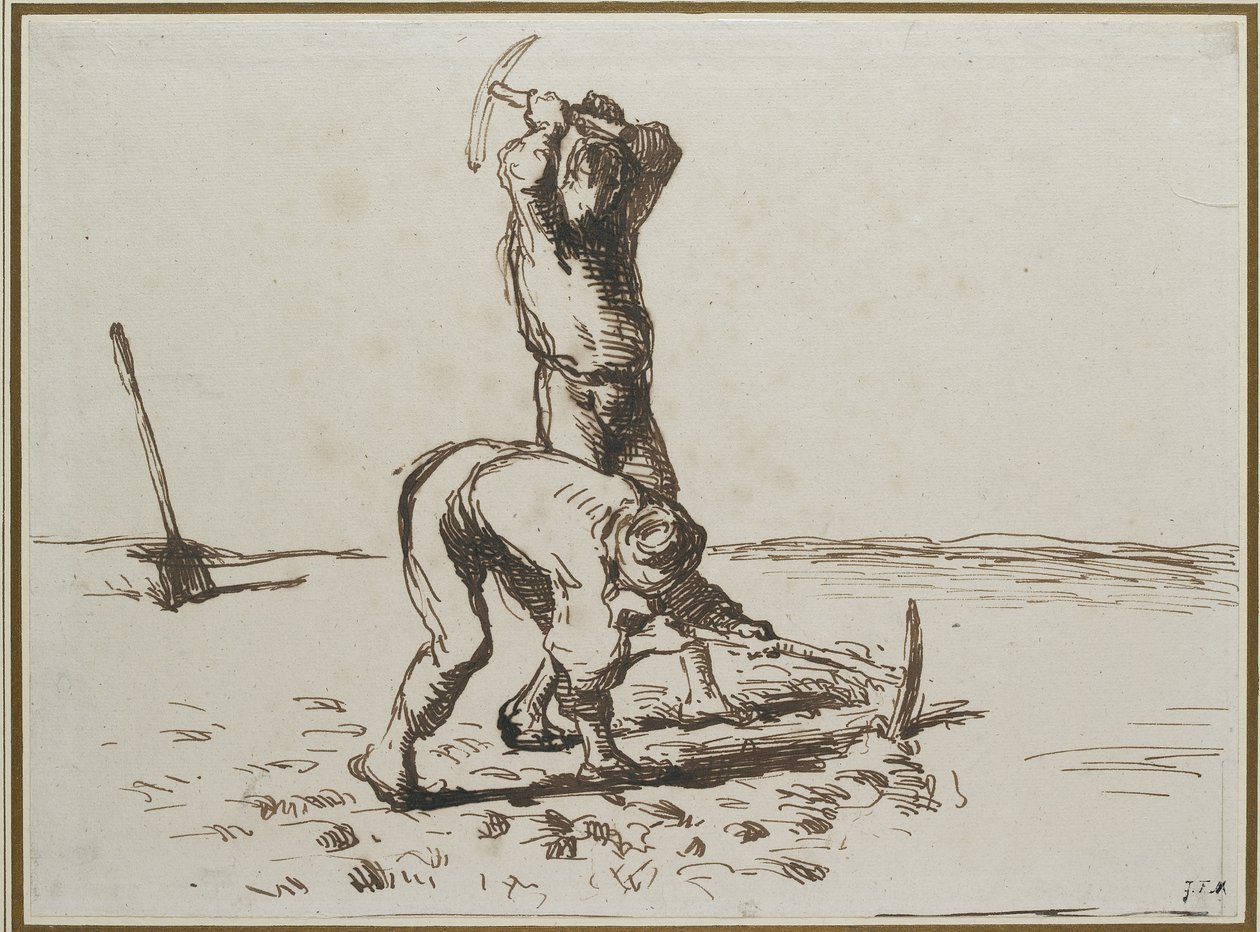 Två bönder som grävde med hackor, ca. 1844 - 1846 (penna och brunt bläck på något missfärgat vitt papper) av Jean Francois Millet
