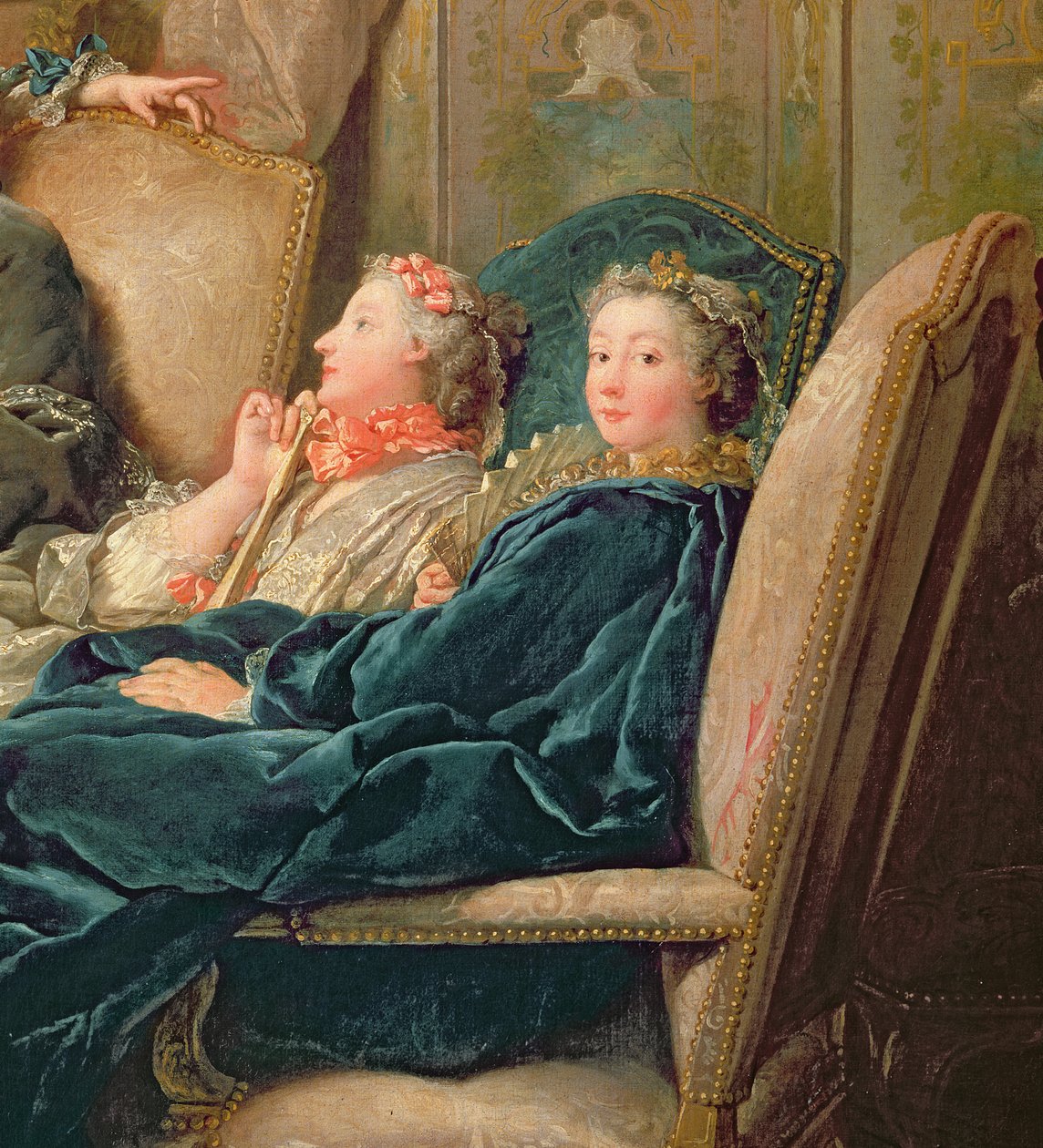 Uppläsning av Moliere, ca 1728 detalj av 29516 av Jean François de Troy