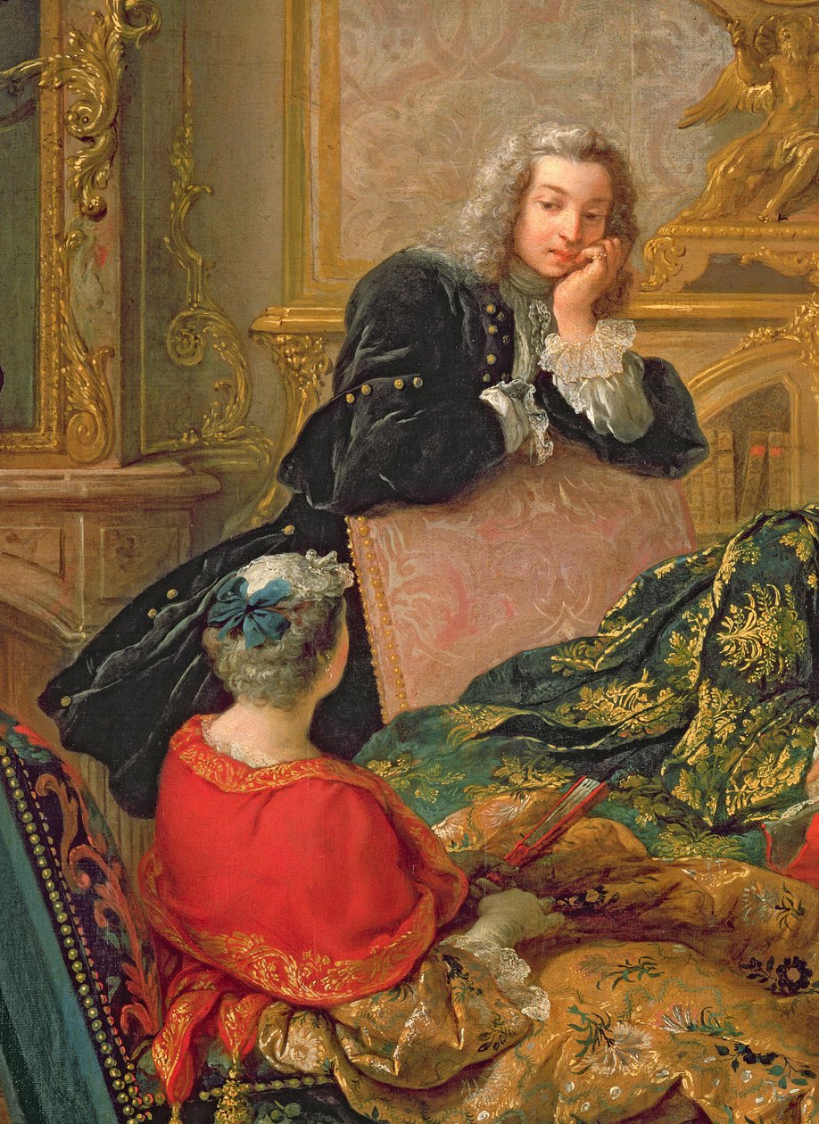 Uppläsning av Moliere, ca 1728 detalj av 29516 av Jean François de Troy