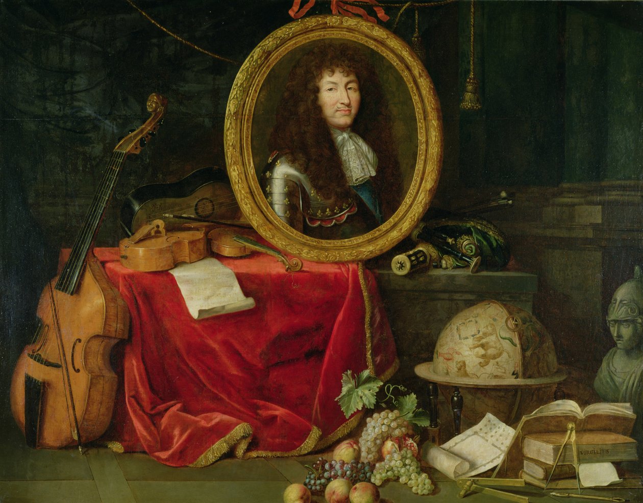 Stilleben med porträtt av kung Ludvig XIV (1638-1715) omgiven av musikinstrument, blommor och frukt, 1672 av Jean Garnier