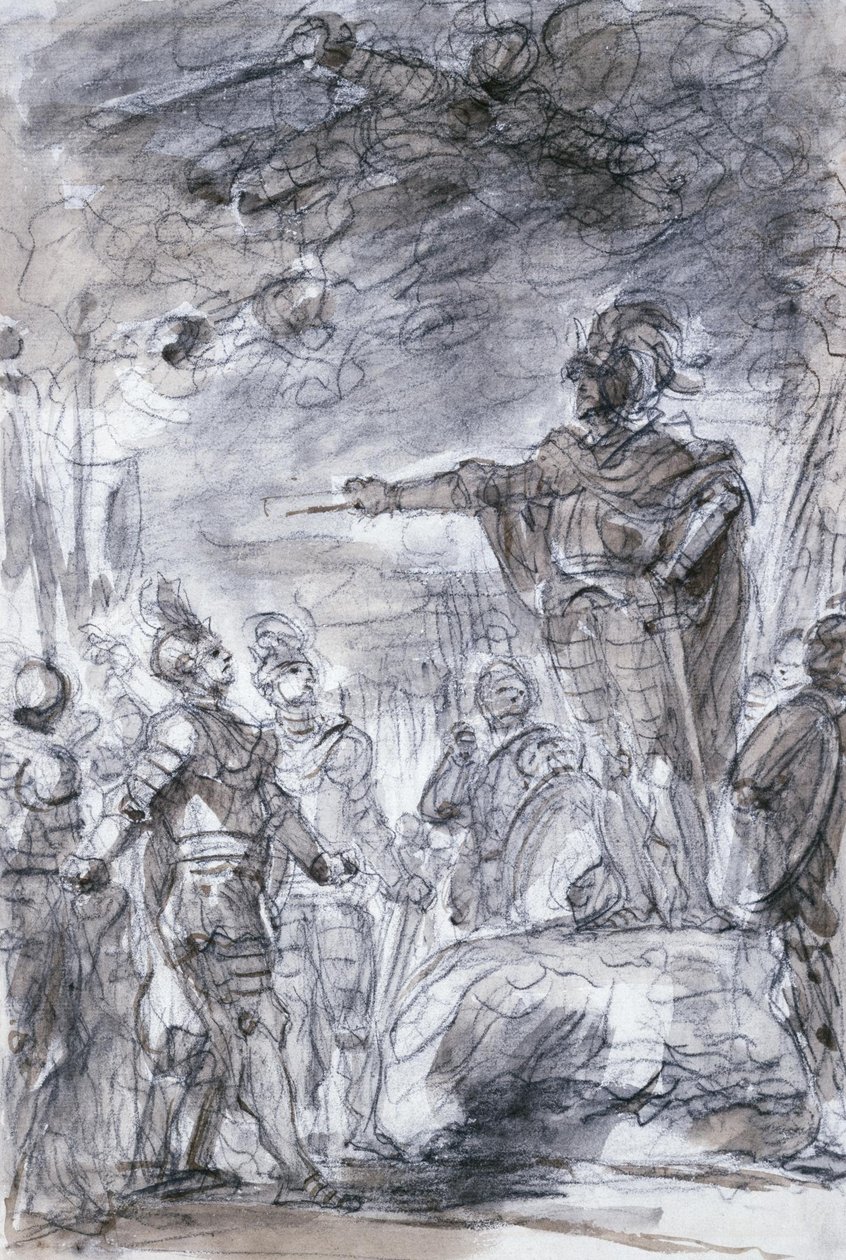 Scen ur Ariostos Orlando Furioso- Rodomonte och Mandricardo lägger fram sin sak inför Agramante av Jean Honore Fragonard