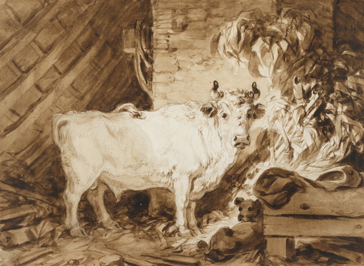 White Bull och en hund i ett stall av Jean Honore Fragonard