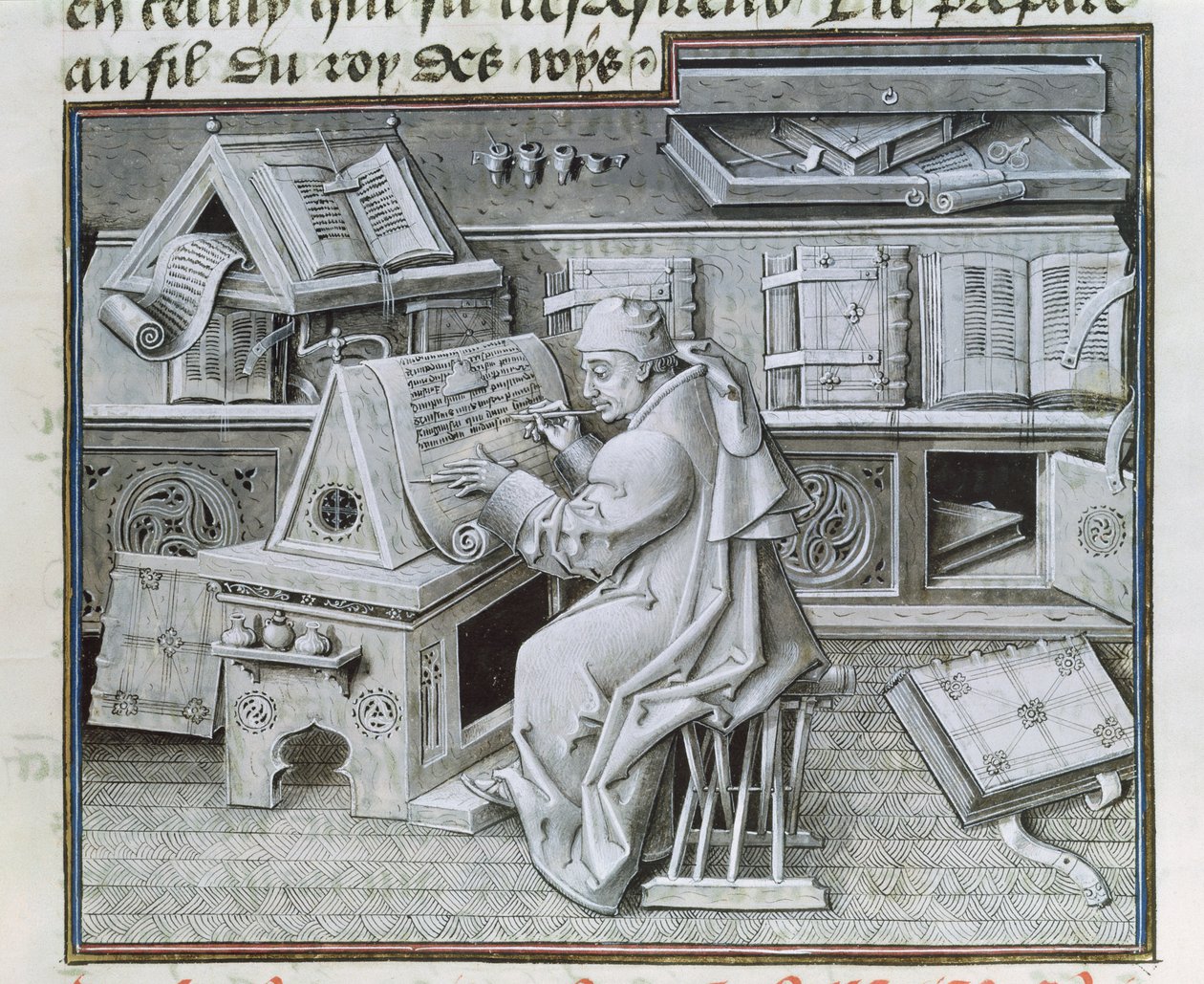 Ms 9198 f.19 Avskrivaren Jean Mielot (fl.1448-68) arbetar i sitt scriptorium, från 
