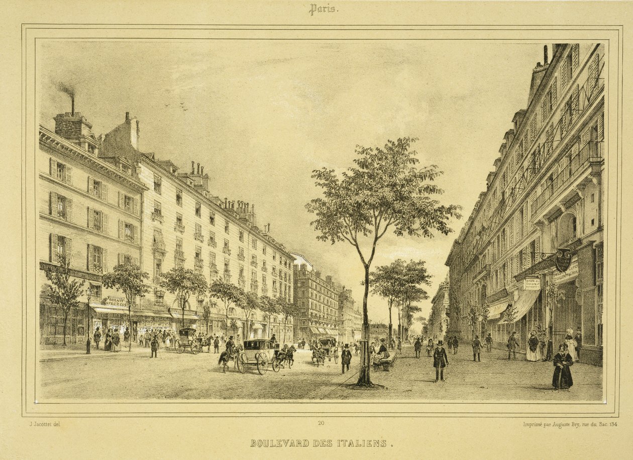 Boulevard des Italiens, från "Paris och dess omgivningar", publicerad ca 1850-60-talet av Jean Jacottet