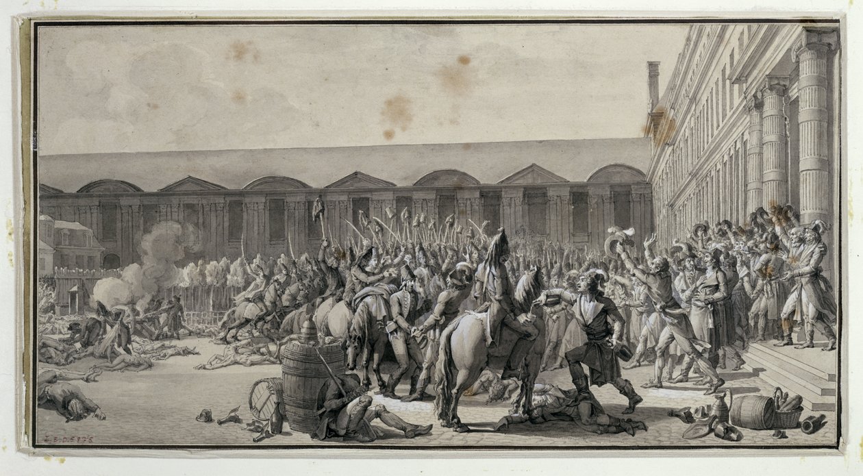 Försvar av den nationella konventet på Place du Carrousel, 12 Vendemiaire An IV (4 oktober 1795) (penna och bläck och wc på papper) av Jean Jacques Francois Le Barbier
