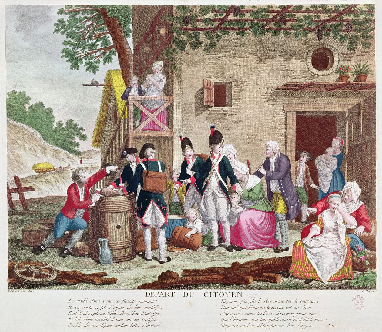 Medborgarens avfärd, 1792 (färggravyr) (se även 250729) av Jean Jacques Francois Le Barbier