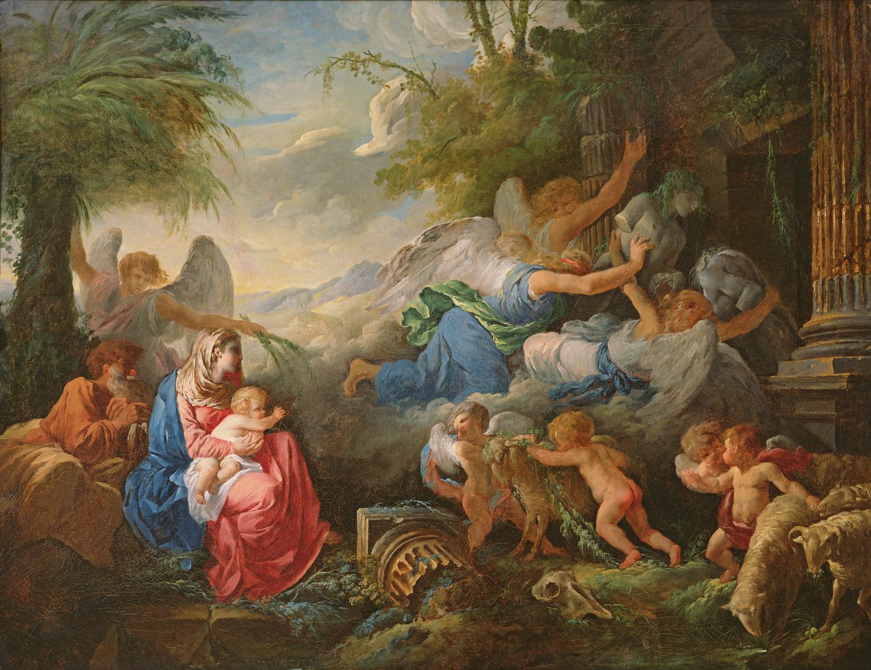Idolernas fall och resten på flykten till Egypten, c.1775 av Jean Jacques II Lagrenee
