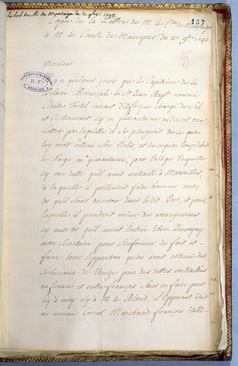 Brev skrivet av Jean-Jacques Rousseau när han var sekreterare för den franske ambassadören i Venedig, oktober 1743. av Jean Jacques Rousseau