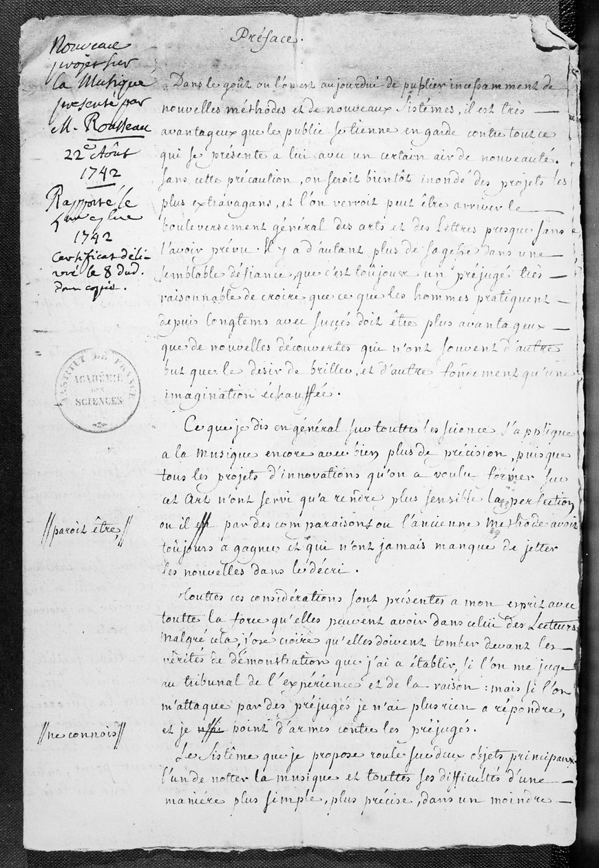 Projekt för notskrift presenterat av Jean-Jacques Rousseau för Academie des Sciences den 22 augusti 1742 av Jean Jacques Rousseau