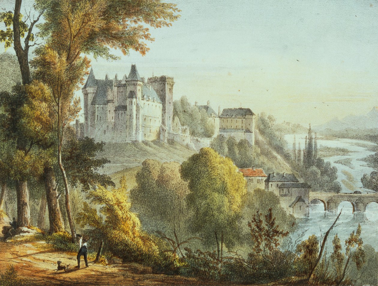 Utsikt över bron vid Jurancon och Chateau Pau, graverad av Gerard Rene Le Vilain (1740-1836) av Jean Joseph Jules Defer