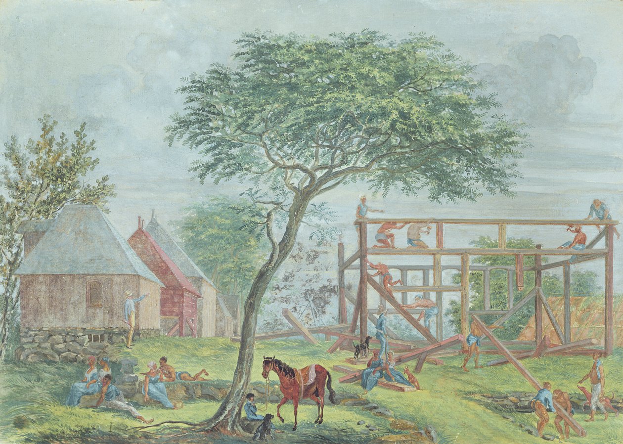 Att bygga ett hus på Ile de la Reunion, c.1810-15 av Jean Joseph Patu de Rosemont