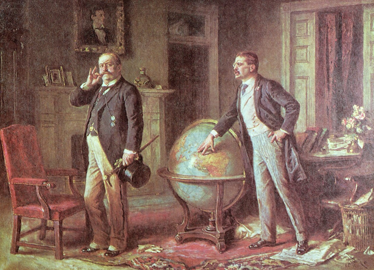 USA:s president Theodore Roosevelt och den tyske kejsaren Wilhelm II i tvisten om den tyska blockaden av Venezuela, 1902 av Jean Leon Gerome Ferris