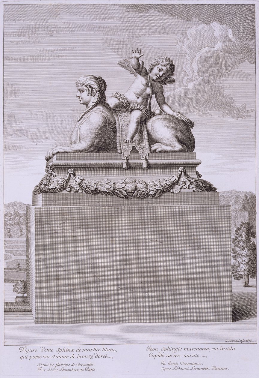 Figur av en sfinx i vit marmor, bärande en brons Cupido, i Versailles, 1676, från 