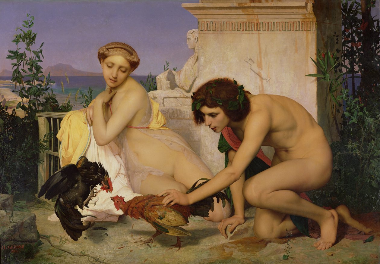 Unga greker uppmuntrar tuppar att slåss, 1846 av Jean Leon Gerome
