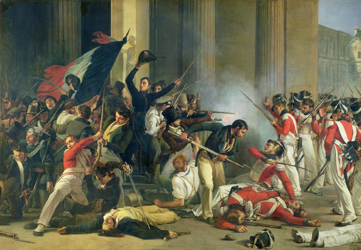 Scen för 1830 års revolution på Louvren av Jean Louis Bezard