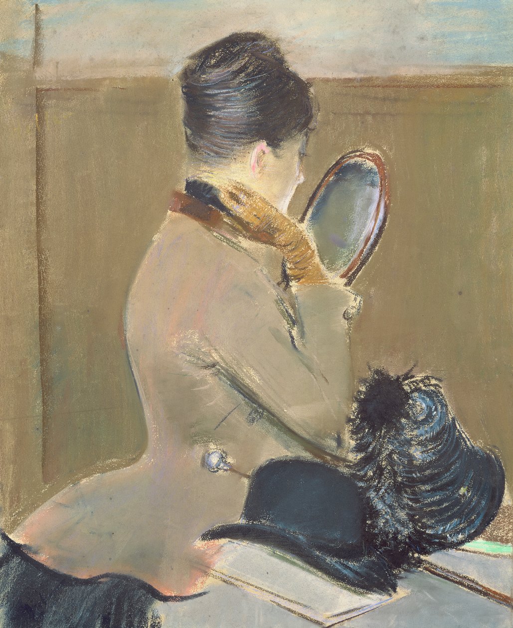 At the Milliner, ca 1885 (pastell på papper nedlagt ombord) av Jean Louis Forain