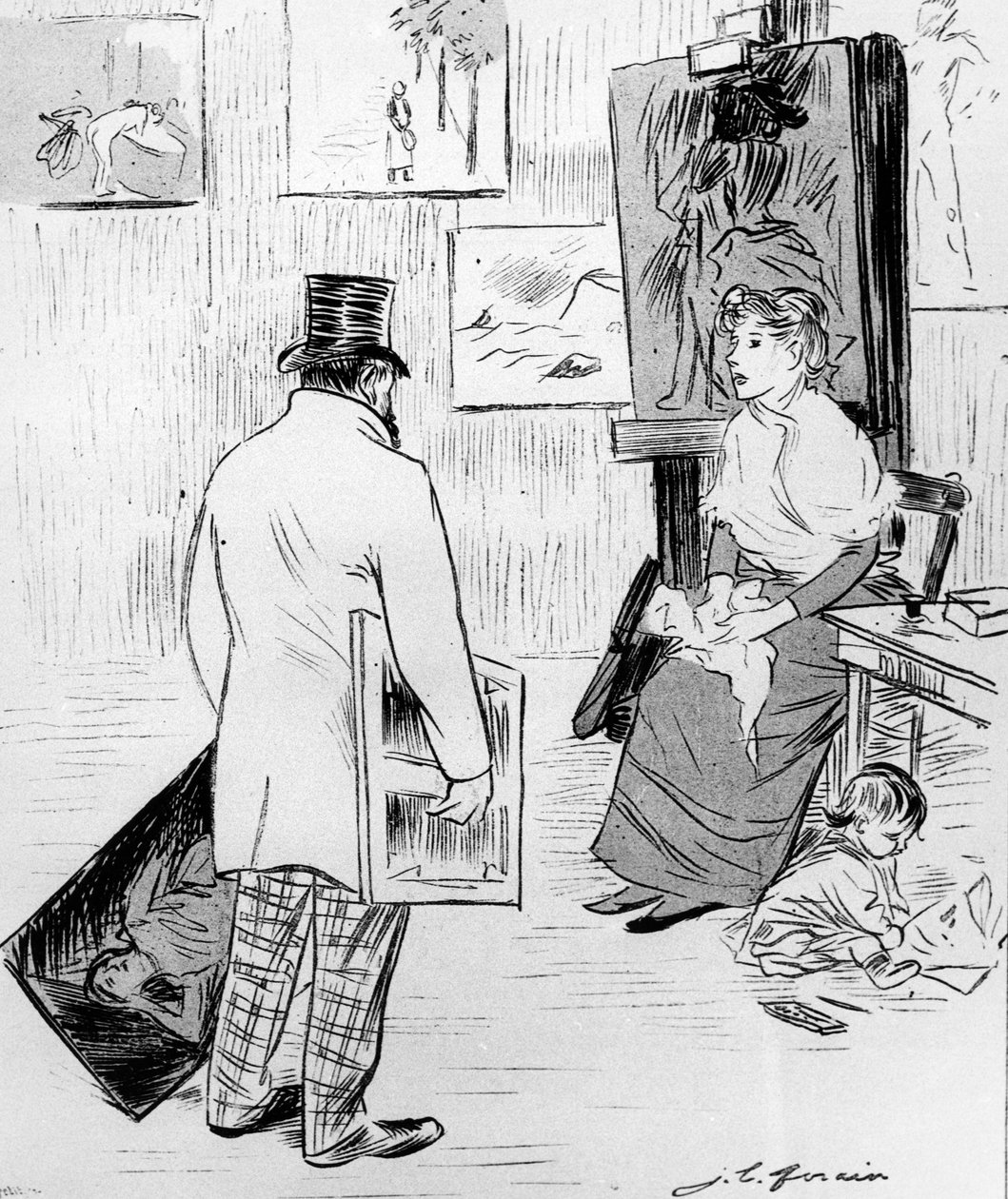 Olycklig och misslyckad konstnär som har försökt sälja sitt verk, berättar för sin fru att återförsäljarna bara vill ha "Bougereaus", sent 1800-tal av Jean Louis Forain