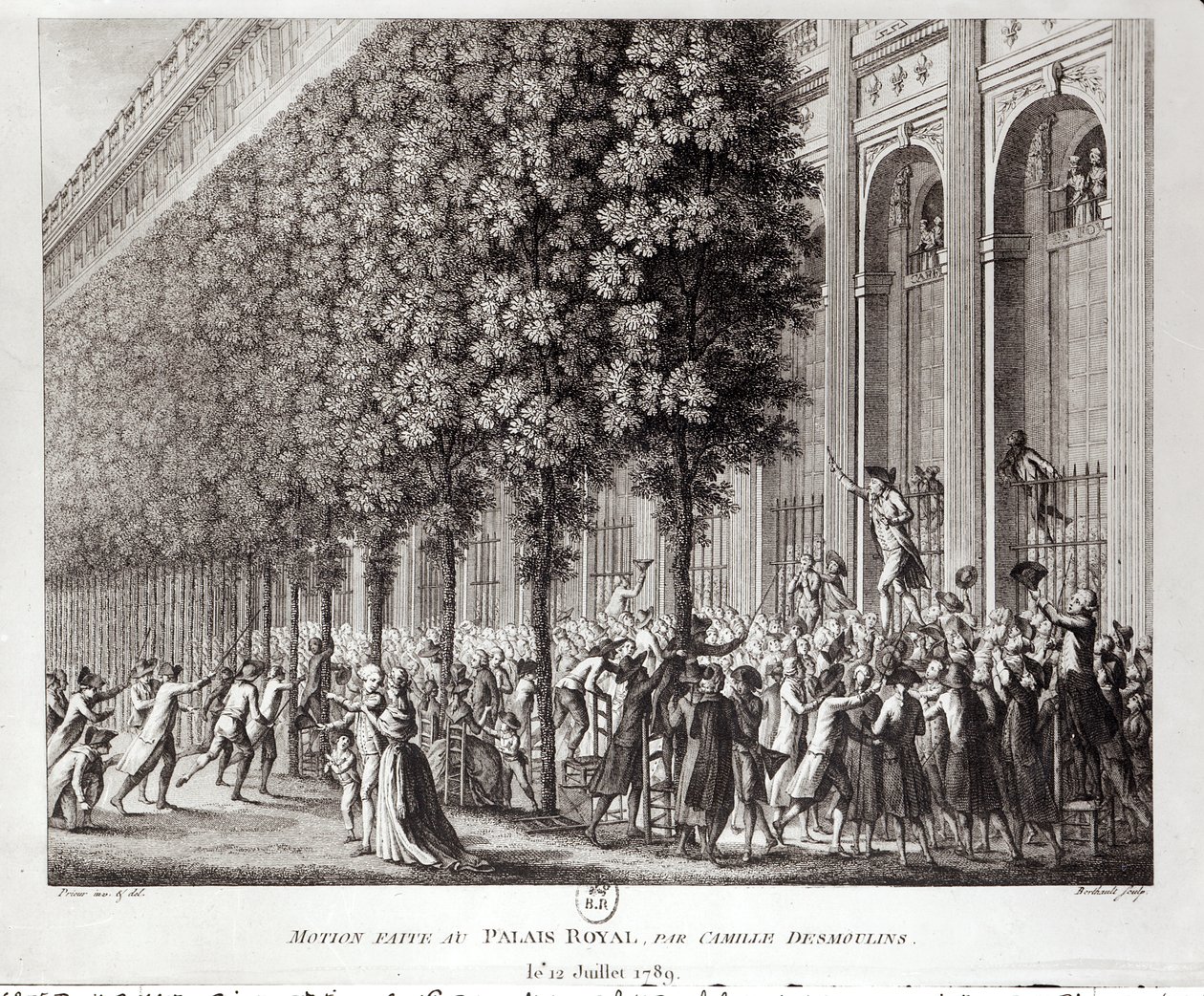 Camille Desmoulins (1760-94) Talar i Palais Royal, 12 juli 1789, graverad av Pierre Gabriel Berthault (1737-1831) av Jean Louis the Younger Prieur