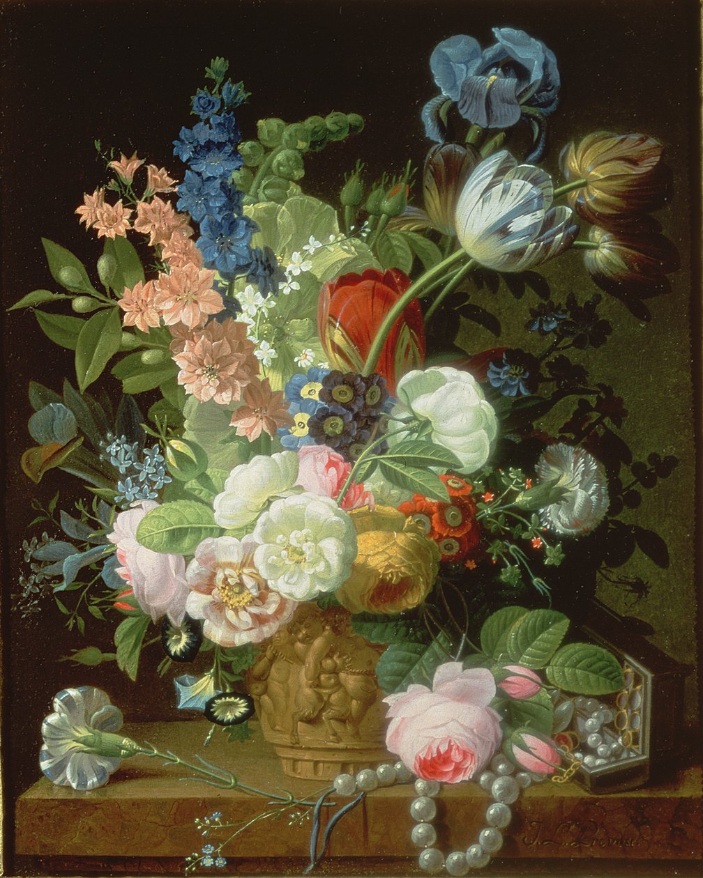 Ett stilleben av rosor, tulpaner, nejlikor, stockar och andra blommor i en dekorativ urna, vilande på en stenavsats av Jean Louis Prevost