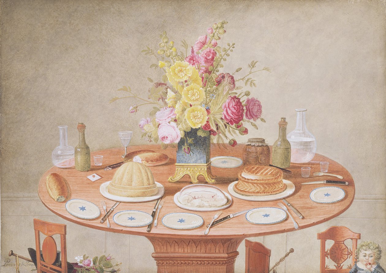 PD.869-1973 Stilleben med en vas med blommor på ett bord dukat för en måltid, ca 1810 (wc und gouache) av Jean Louis Prevost
