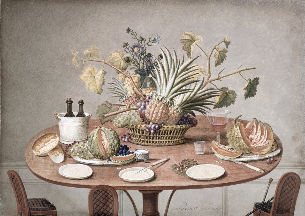 PD.874-1973 Stilleben av ett bord med blommor och frukt, c.1810 (wc und gouache) av Jean Louis Prevost