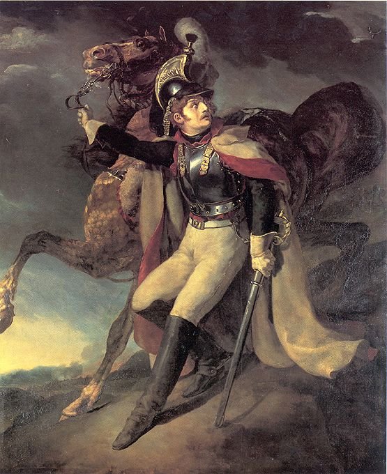 Sårad kyrassiär lämnar slagfältet av Theodore Gericault