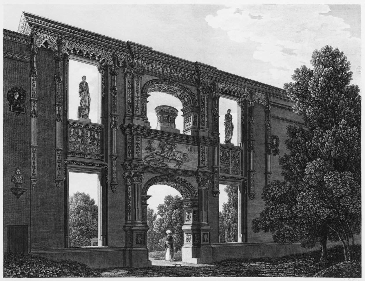Arch of Gaillon, Musee des Monuments Francais, Paris, illustration från "Pitoriska vyer och perspektiv av rummen på Musee des Monuments Francais och huvudverken ...", graverad av Jean B av Jean Lubin Vauzelle