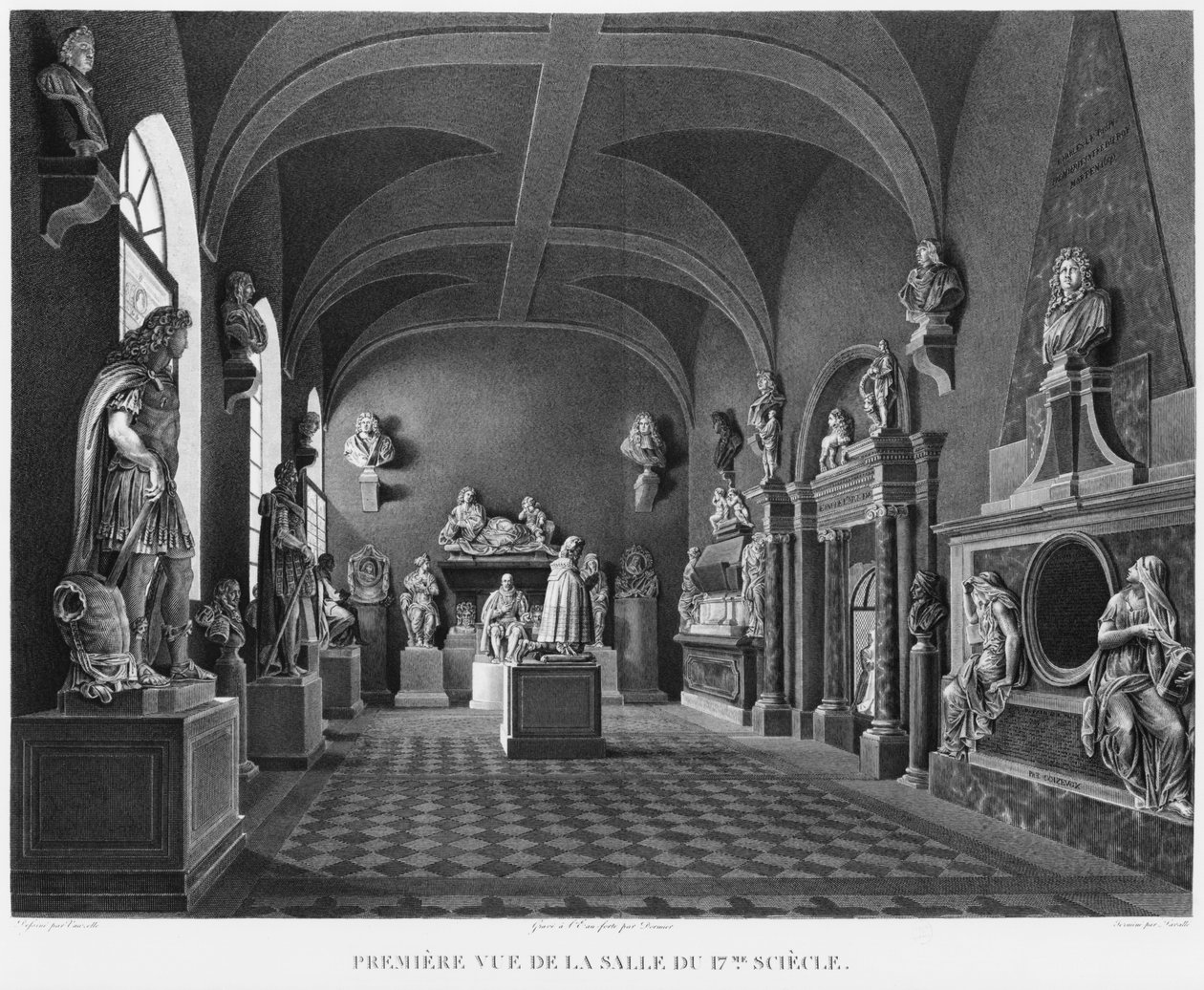 Första vy av 1600-talsrummet, Musee des Monuments Francais, Paris, illustration från "Pitoriska vyer och perspektiv av rummen på Musee des Monuments Francais och huvudverken ..." av Jean Lubin Vauzelle