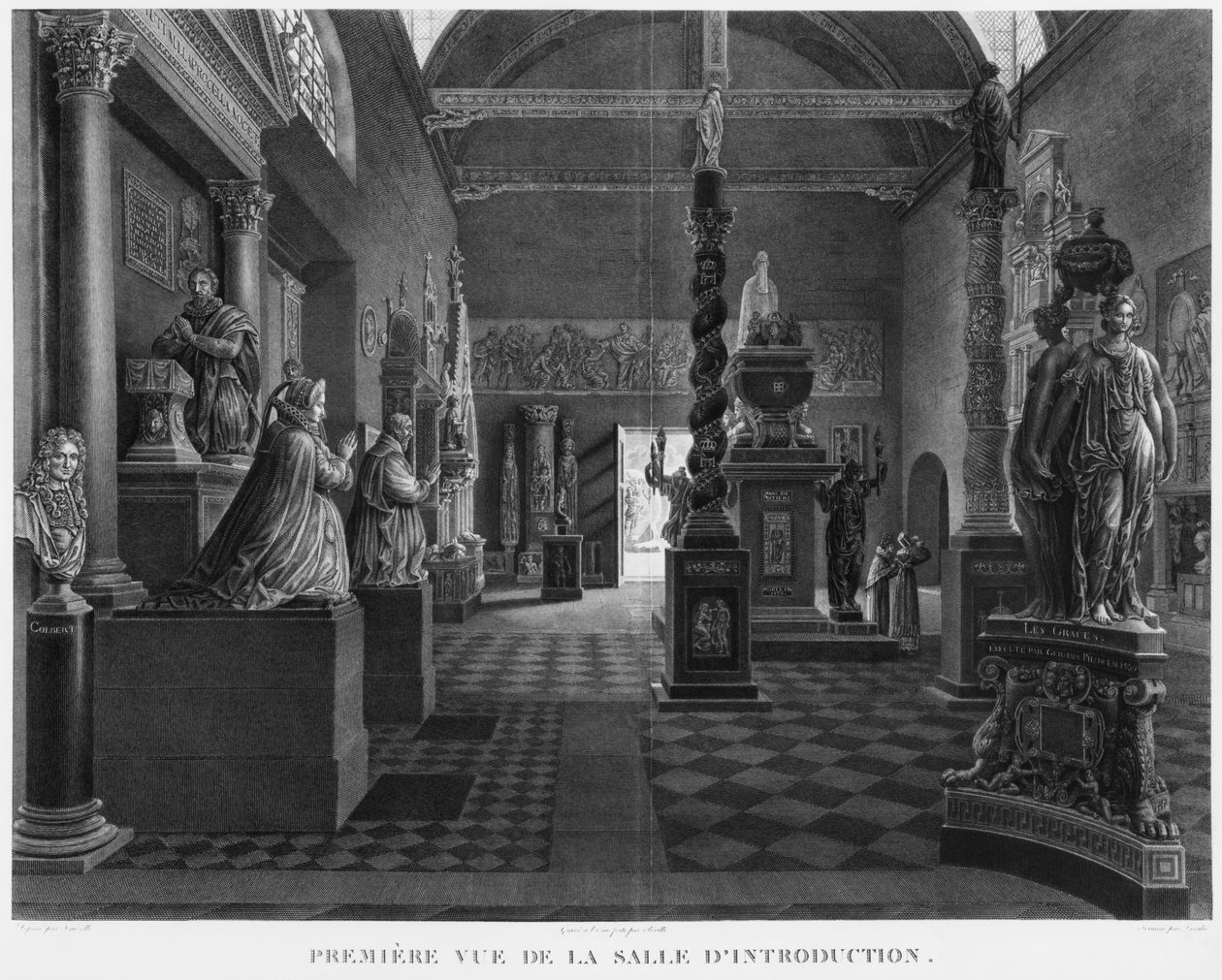 Första vy av introduktionsrummet, Musee des Monuments Francais, Paris, illustration från "Pitoriska vyer och perspektiv av rummen på Musee des Monuments Francais och huvudverken ..." av Jean Lubin Vauzelle