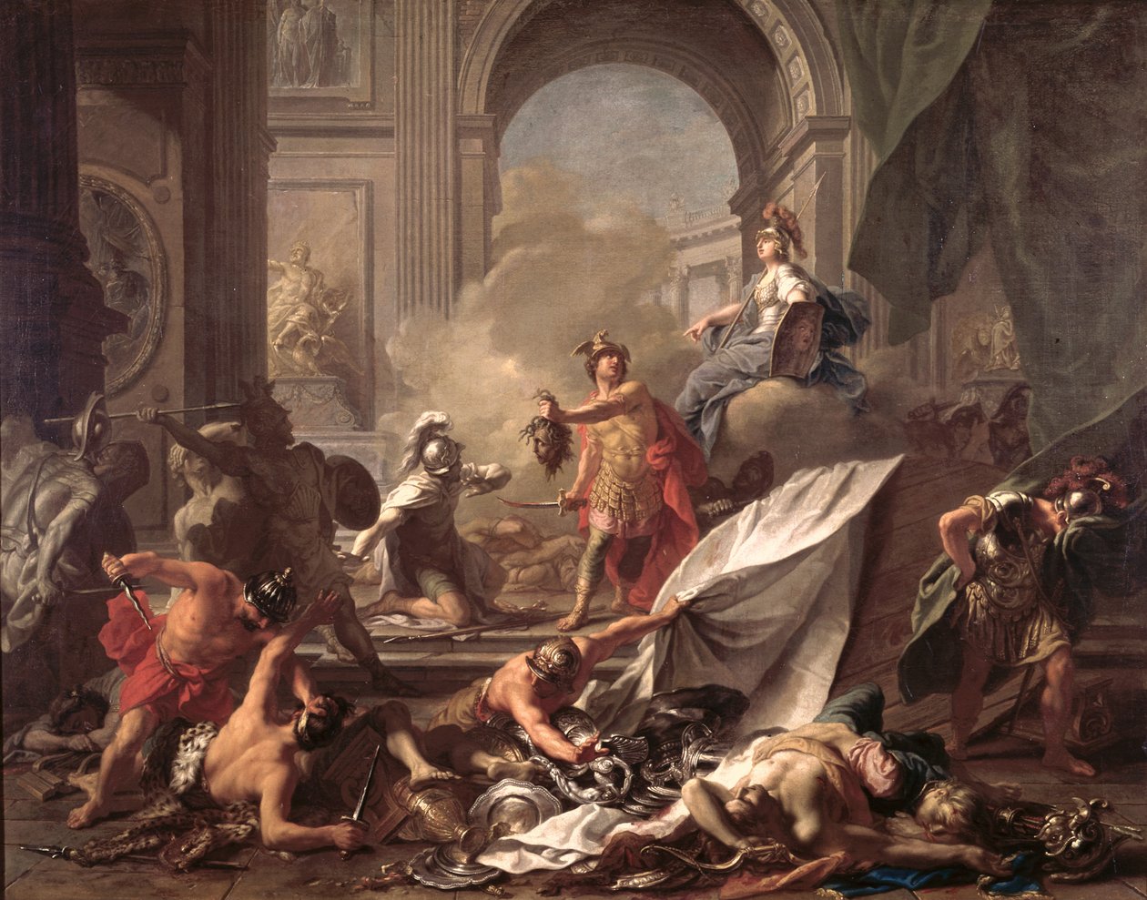 Perseus, under Minervas skydd, förvandlar Phineus till sten genom att vifta med huvudet på Medusa av Jean Marc Nattier